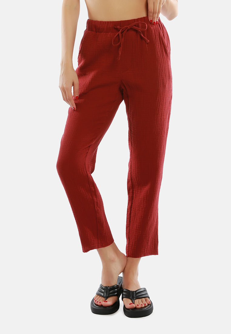 drawstring narrow bottom summer pants by ruw#color_burgundy
