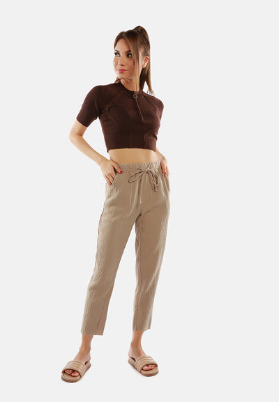 drawstring narrow bottom summer pants#color_khaki