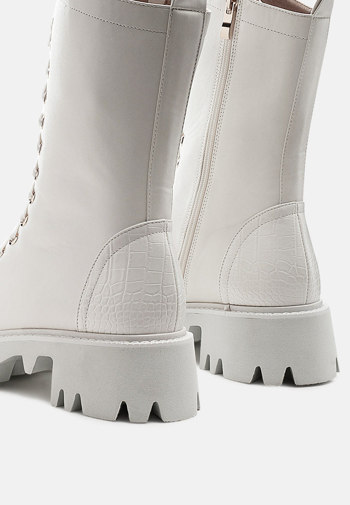 drill chunky white lace up ankle boots#color_white
