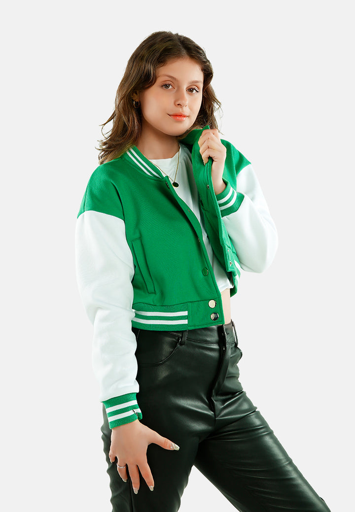 dual tone mandarin collar cropped jersey jacket#color_green