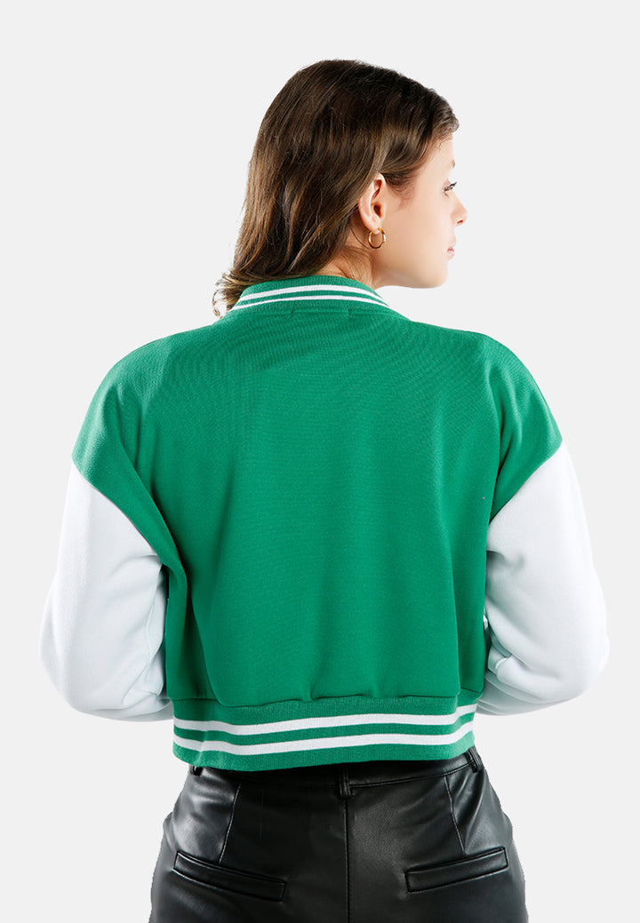 dual tone mandarin collar cropped jersey jacket#color_green