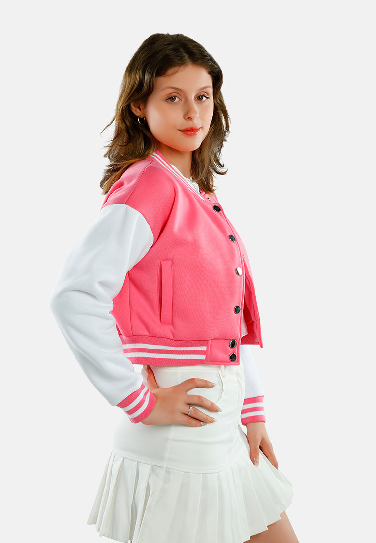 dual tone mandarin collar cropped jersey jacket#color_pink