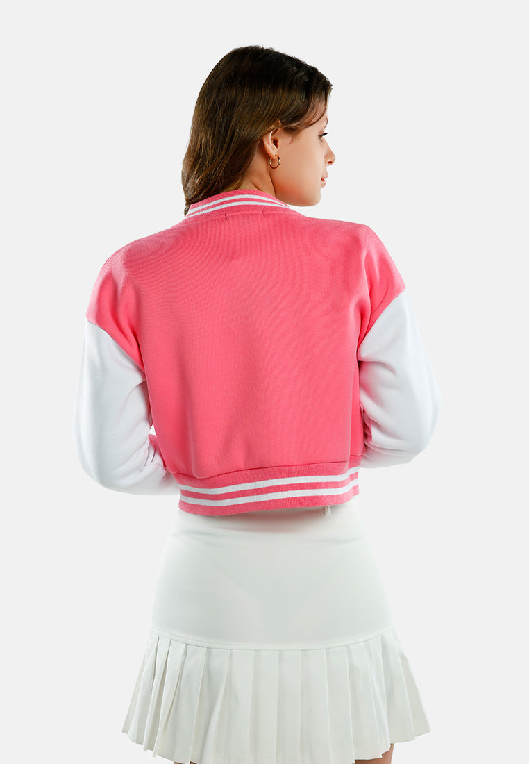dual tone mandarin collar cropped jersey jacket#color_pink