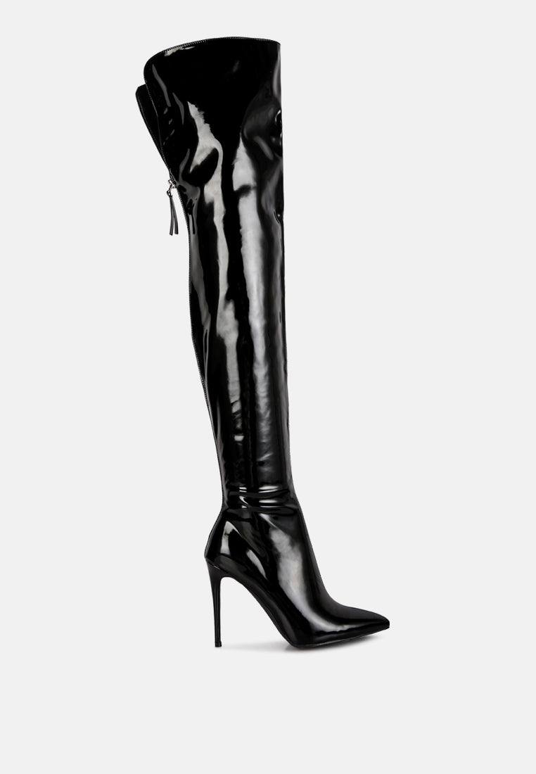 eclectic patent pu long stiletto boots#color_black