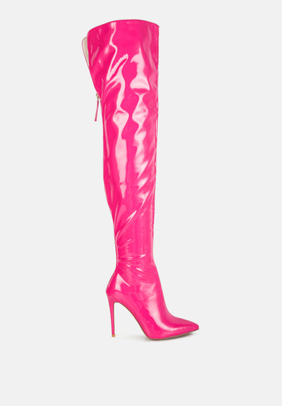 eclectic patent pu long stiletto boots#color_neon-pink