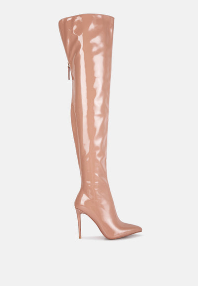 eclectic patent pu long stiletto boots#color_nude
