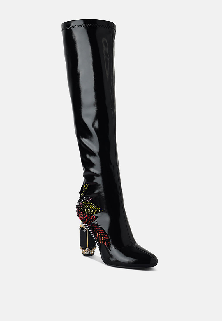 ecstasy fantasy heel patchwork knee high boots#color_black