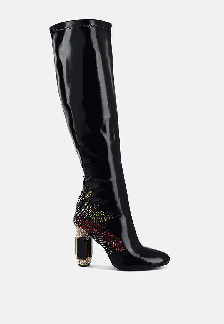 ecstasy fantasy heel patchwork knee high boots#color_black