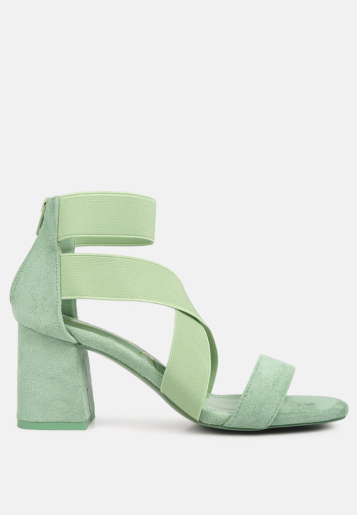 elastic strappy block heel sandals#color_green