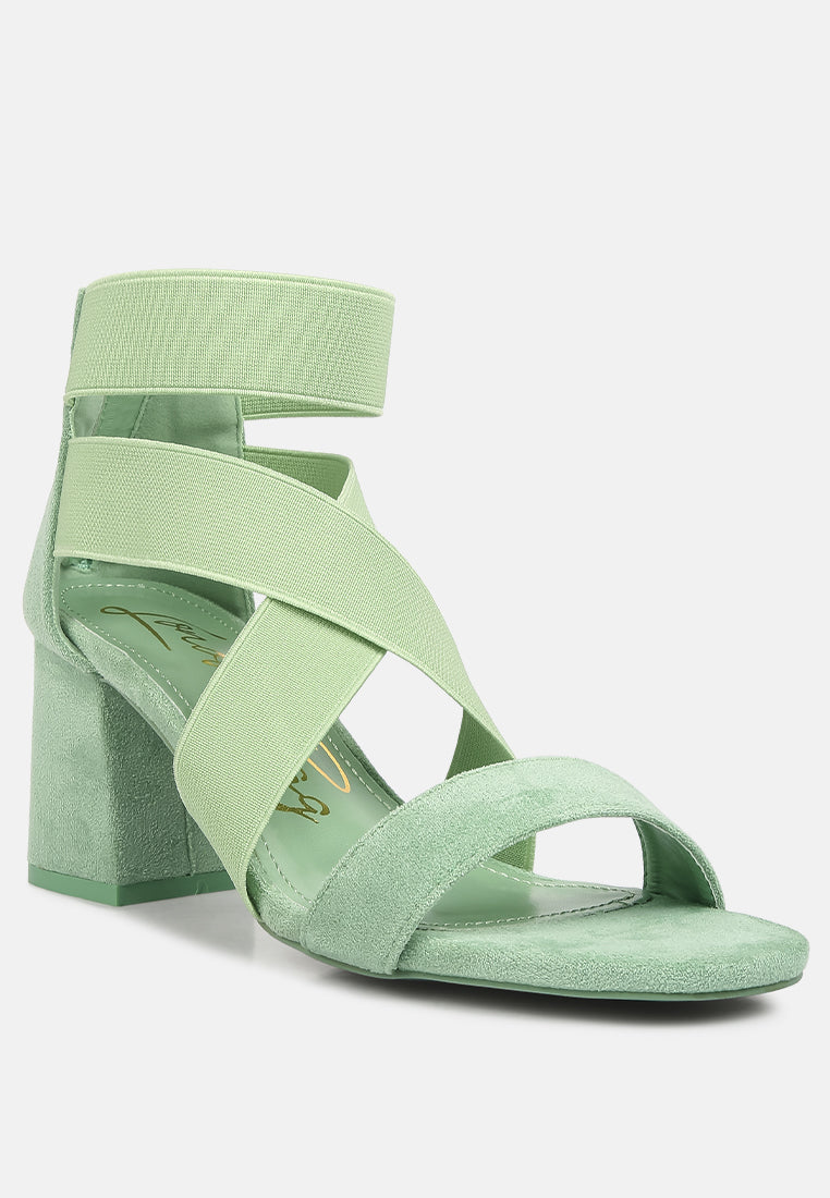 elastic strappy block heel sandals#color_green