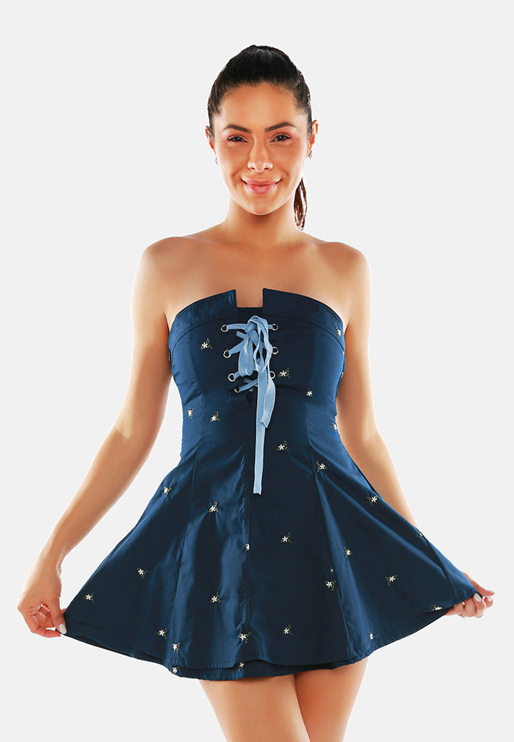 embroidered tube corset mini dress#color_navy