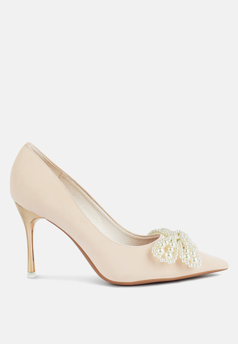 encon pointed high heeled pearl flower pumps sandals#color_beige
