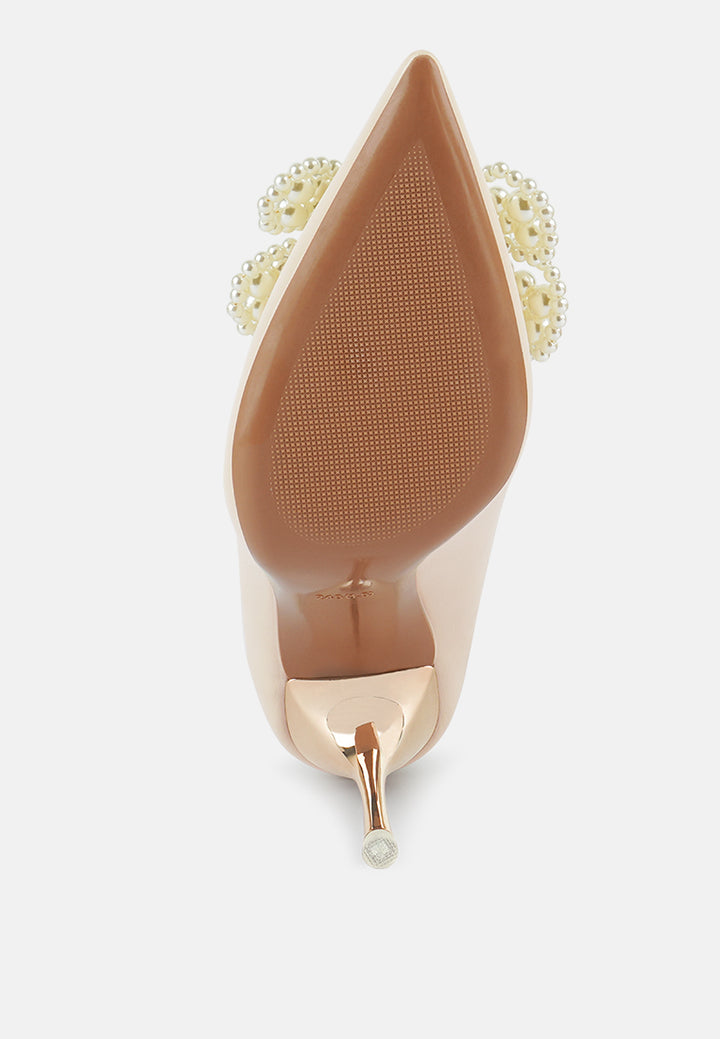 encon pointed high heeled pearl flower pumps sandals#color_beige