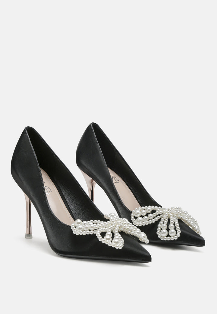 encon pointed high heeled pearl flower pumps sandals#color_black