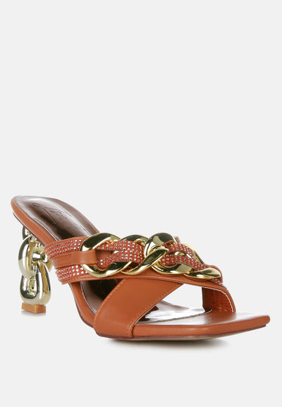 evelane metallic chain heeled diamante sandals#color_tan