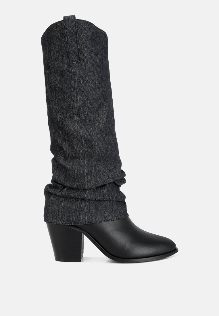 fab cowboy boots with denim sleeve detail#color_black