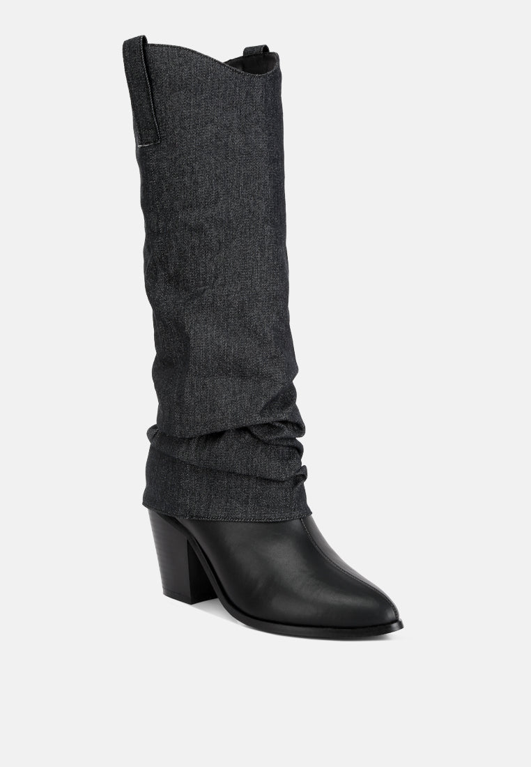 fab cowboy boots with denim sleeve detail#color_black