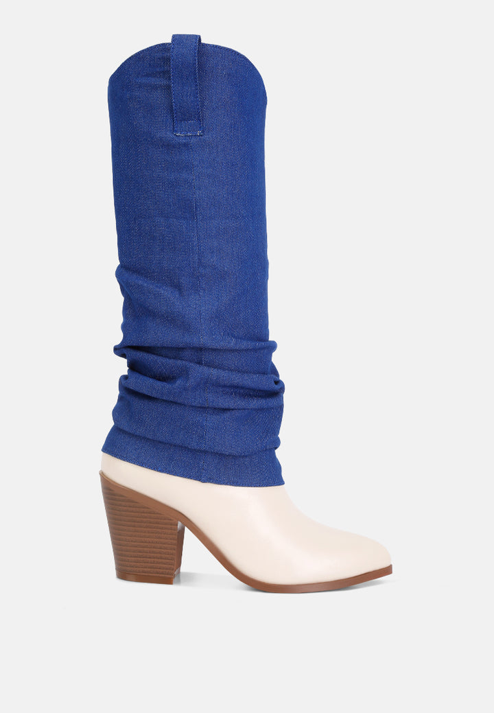 fab cowboy boots with denim sleeve detail#color_white