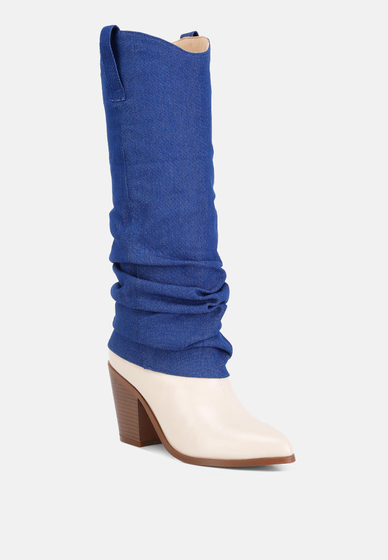 fab cowboy boots with denim sleeve detail#color_white