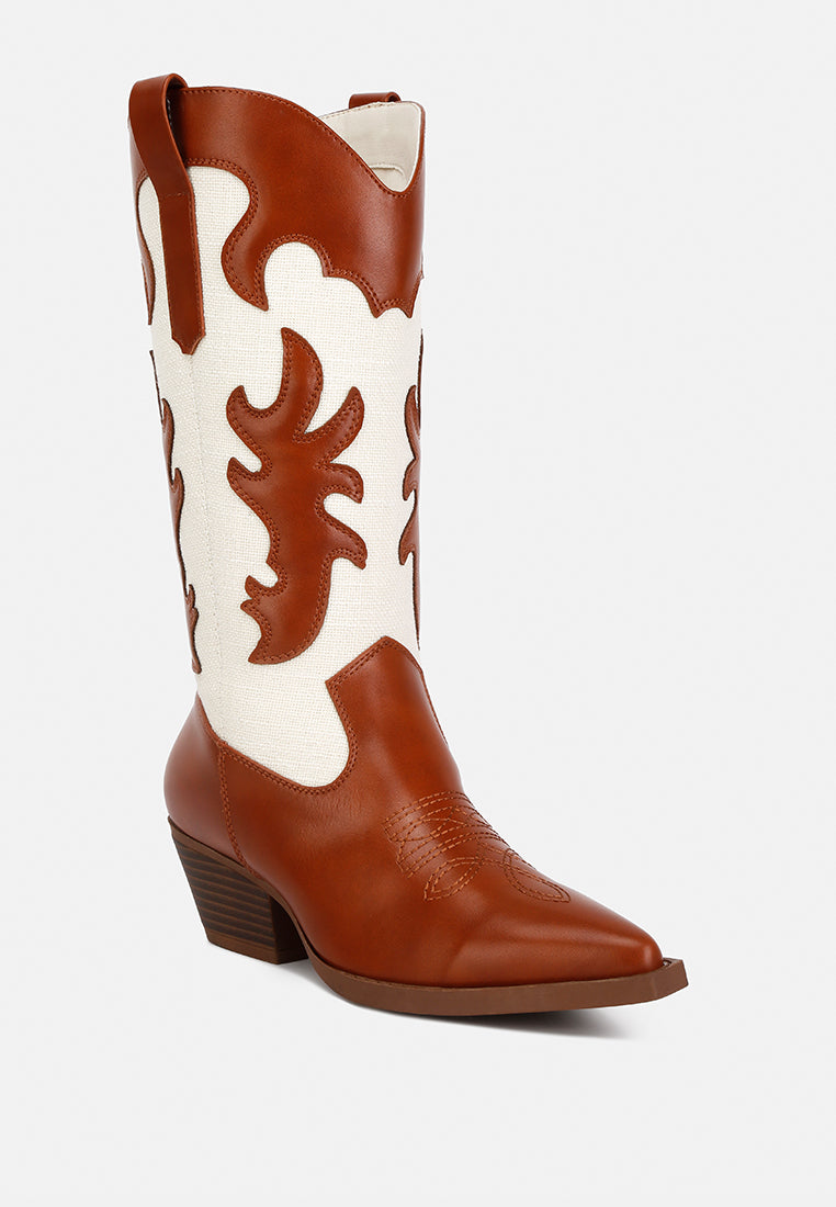 fallon faux leather patchwork cowboy boots#color_tan