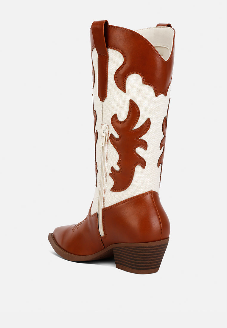 fallon faux leather patchwork cowboy boots#color_tan