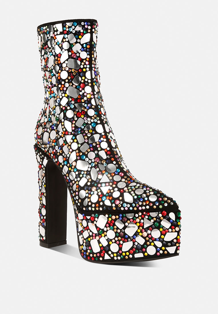 fancy mirror embellished platform high heel boots#color_black