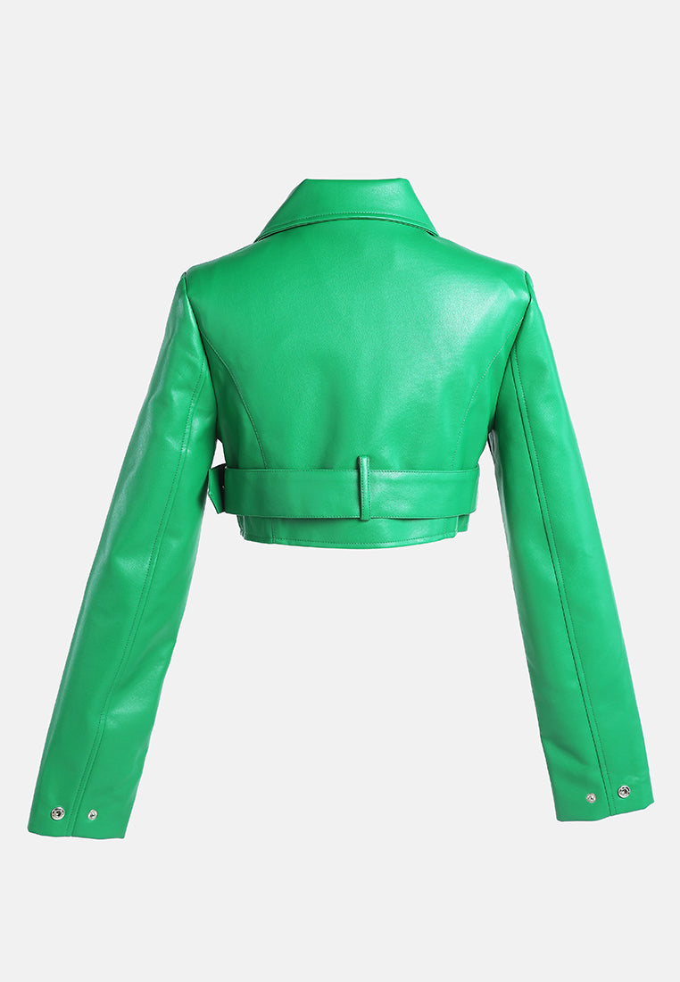 faux leather belted cropped jacket#color_green