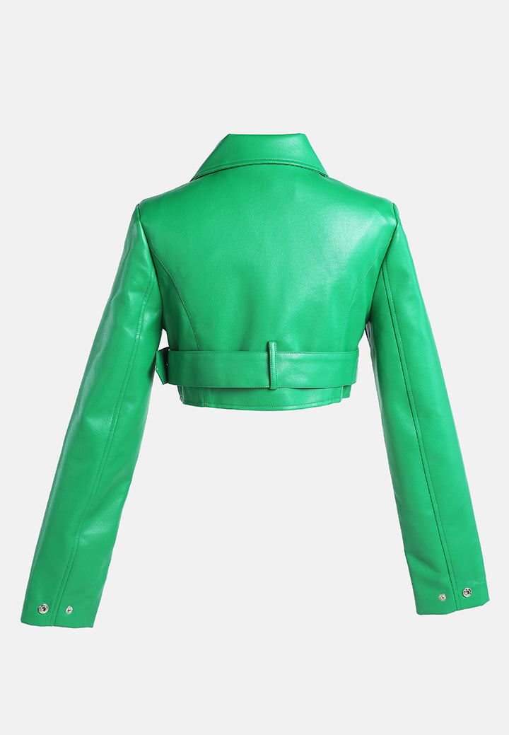 faux leather belted cropped jacket#color_green