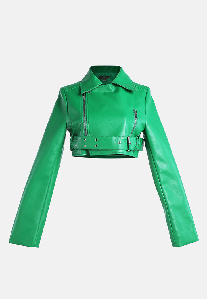 faux leather belted cropped jacket#color_green