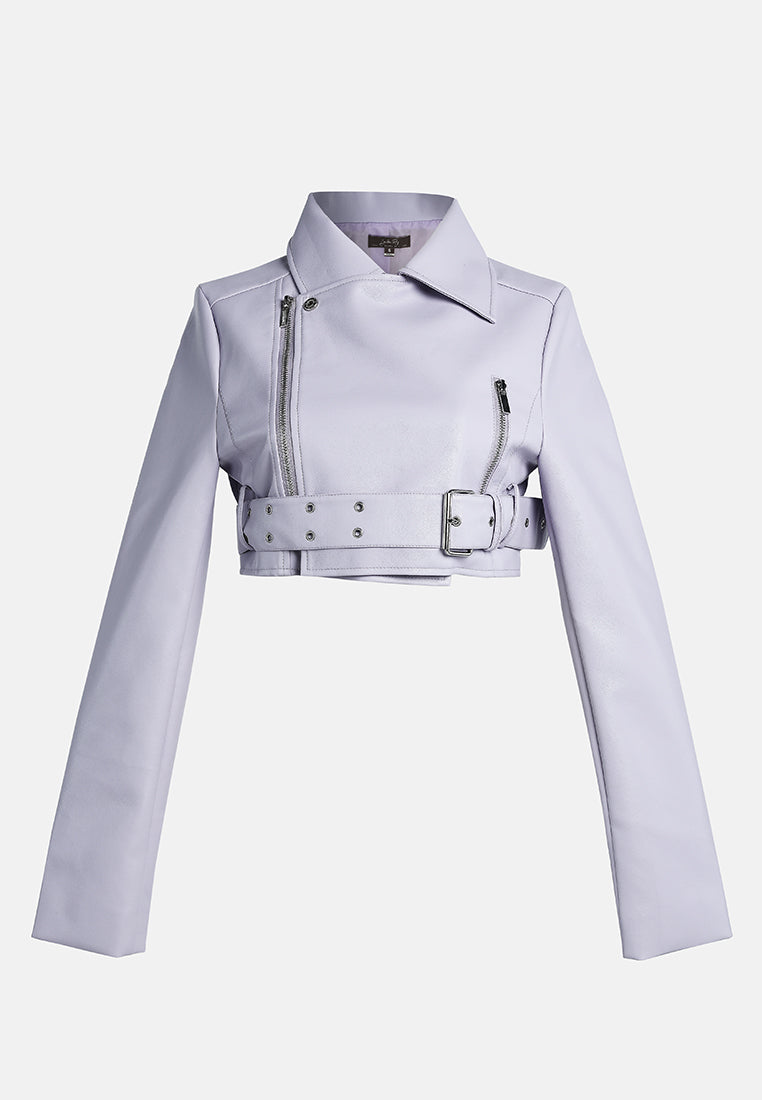 faux leather belted cropped jacket#color_purple