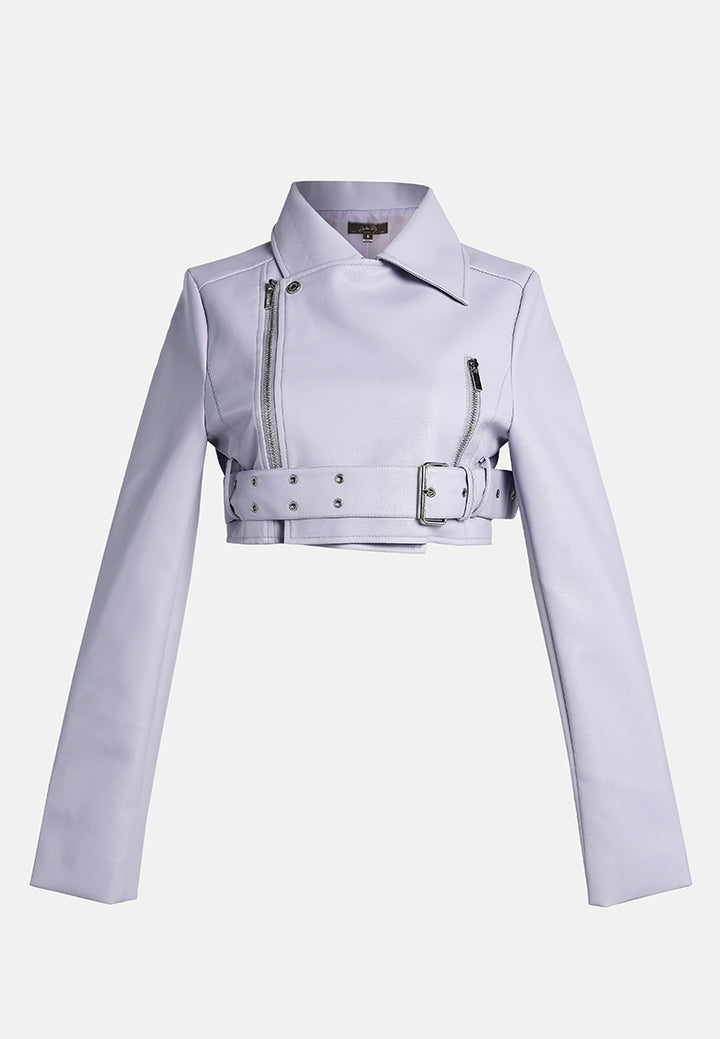 faux leather belted cropped jacket#color_purple