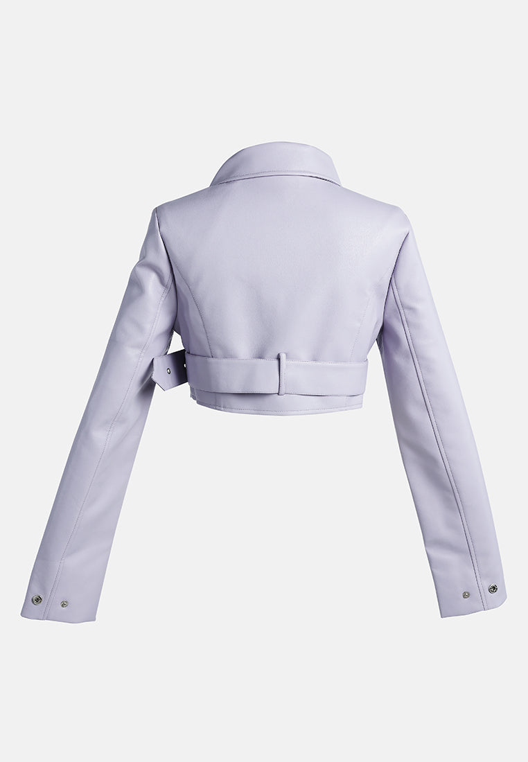 faux leather belted cropped jacket#color_purple