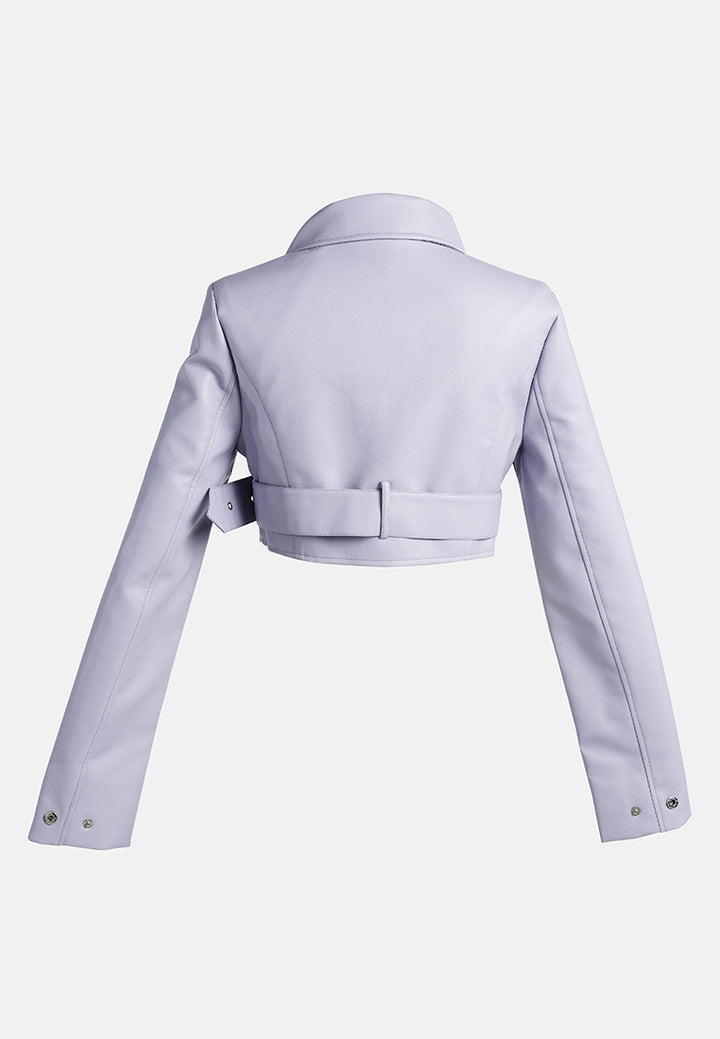 faux leather belted cropped jacket#color_purple