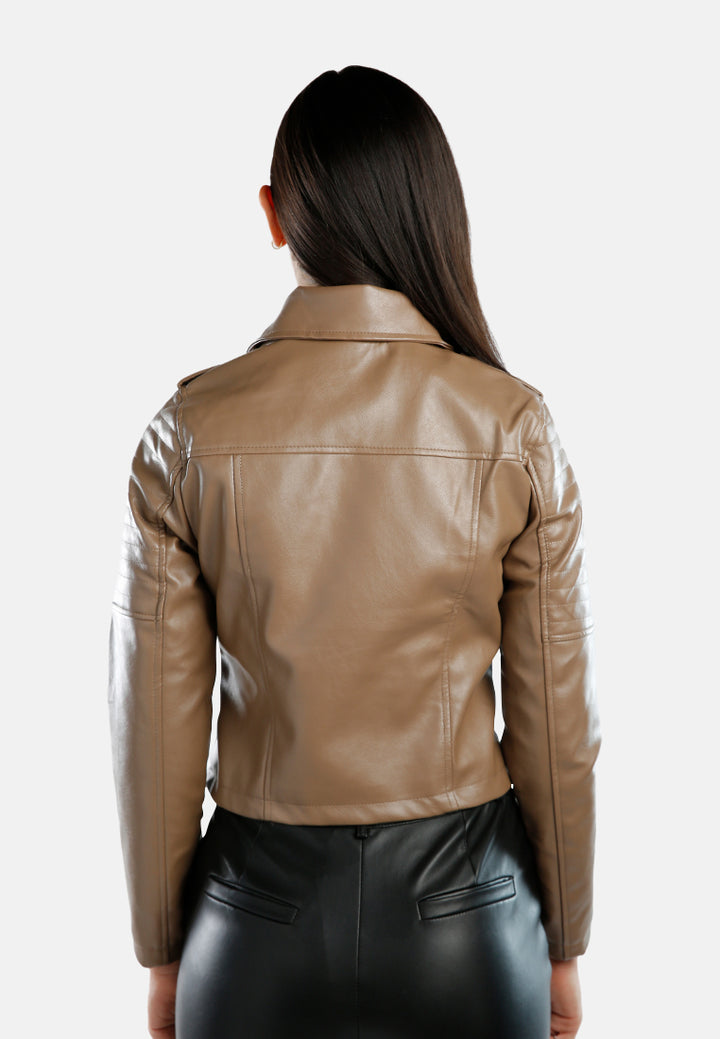 faux leather biker jacket#color_coffee