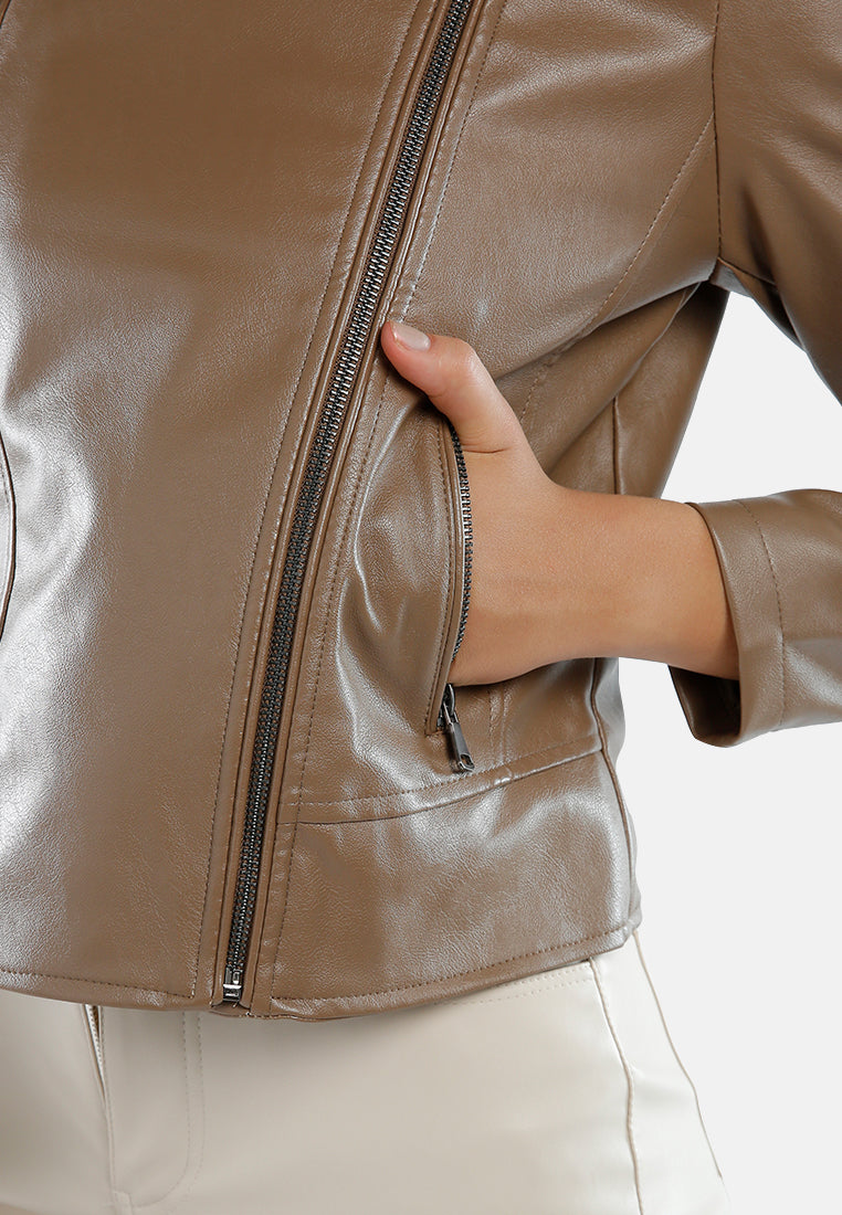 faux leather biker jacket#color_coffee