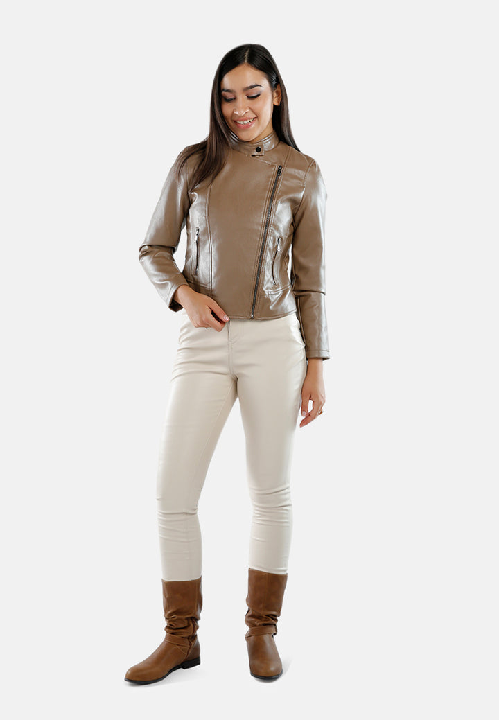 faux leather biker jacket#color_coffee