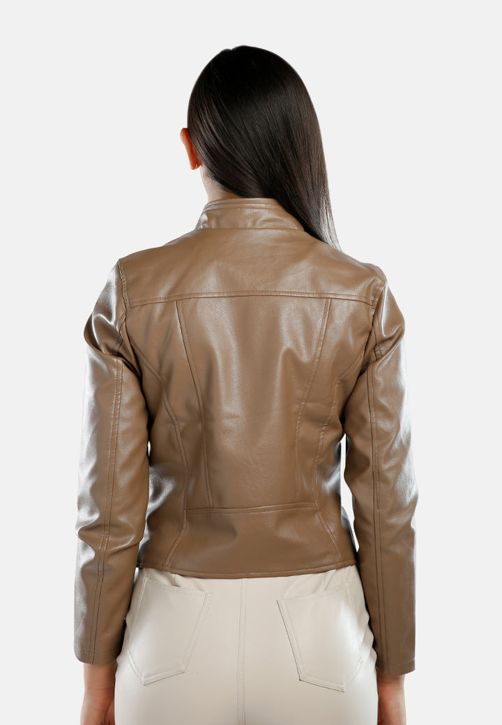 faux leather biker jacket#color_coffee