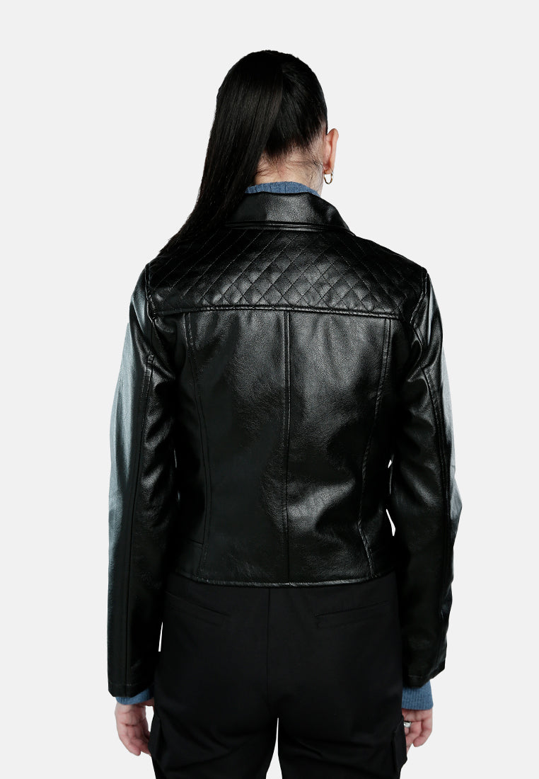 faux leather collared biker jacket#color_black