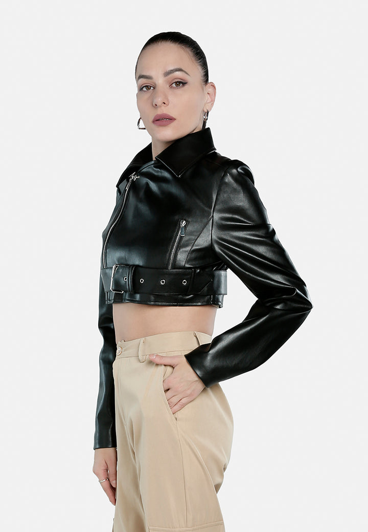 faux leather belted cropped jacket#color_black