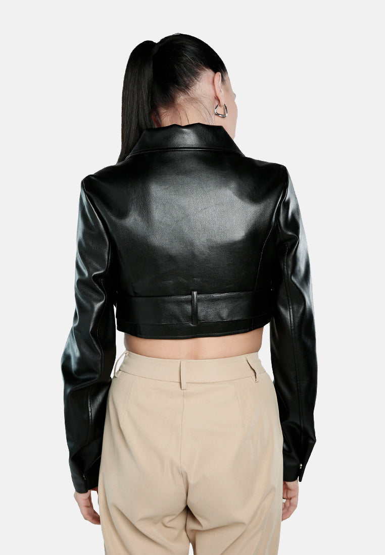 faux leather belted cropped jacket#color_black