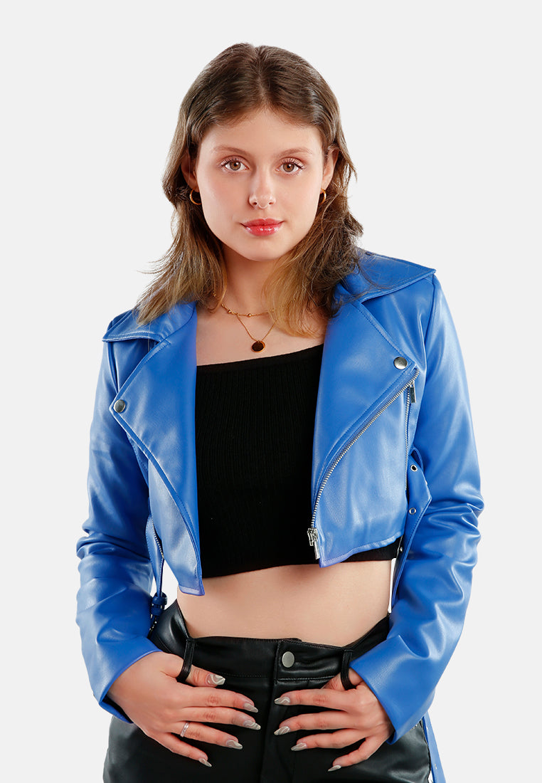 faux leather belted cropped jacket#color_blue