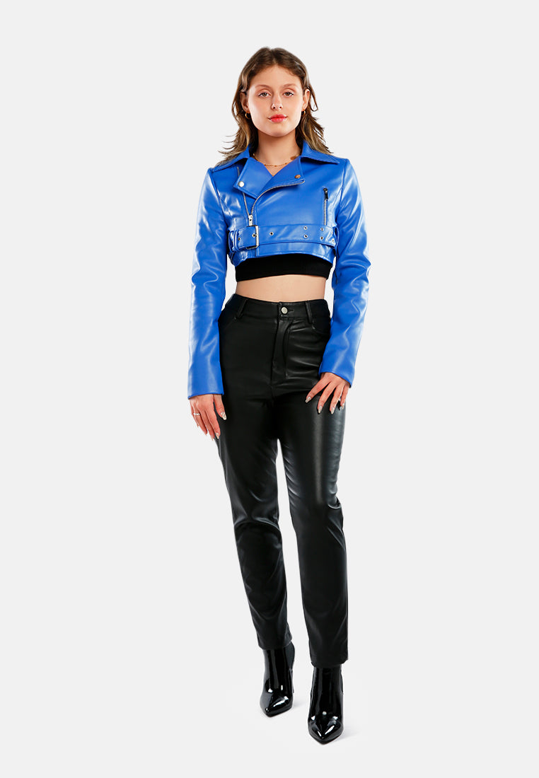 faux leather belted cropped jacket#color_blue