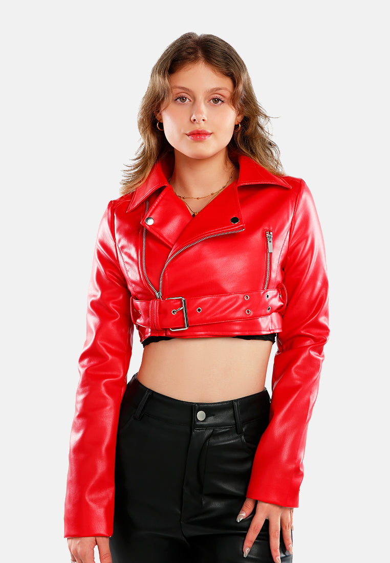 faux leather belted cropped jacket#color_red