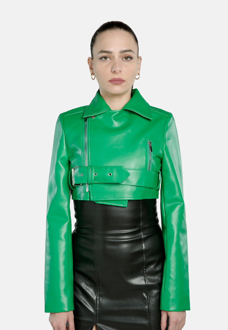 faux leather belted cropped jacket#color_green