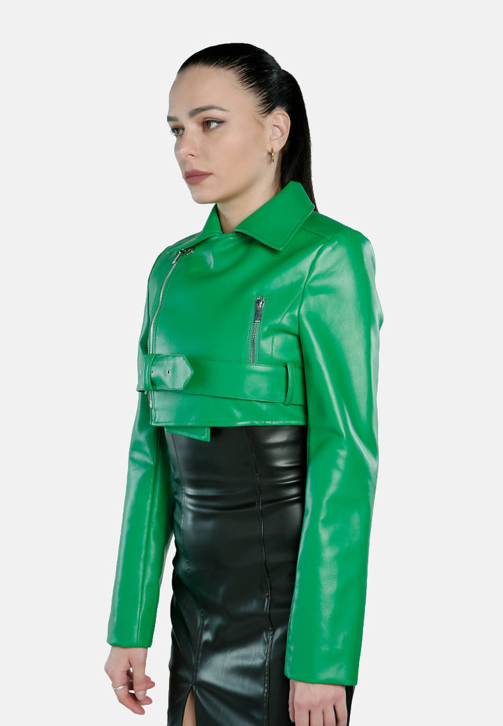 faux leather belted cropped jacket#color_green