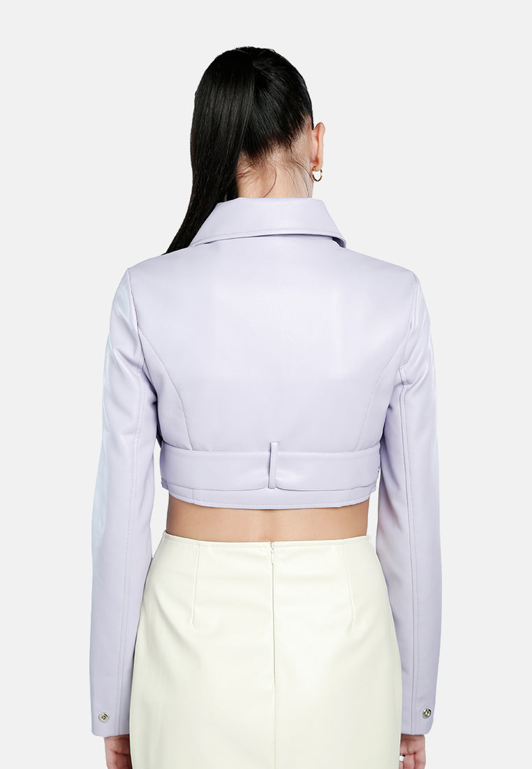 faux leather belted cropped jacket#color_purple
