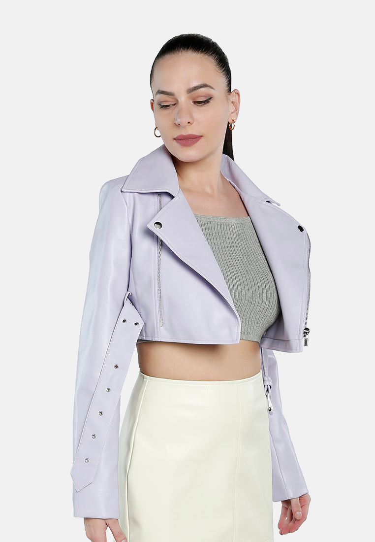 faux leather belted cropped jacket#color_purple