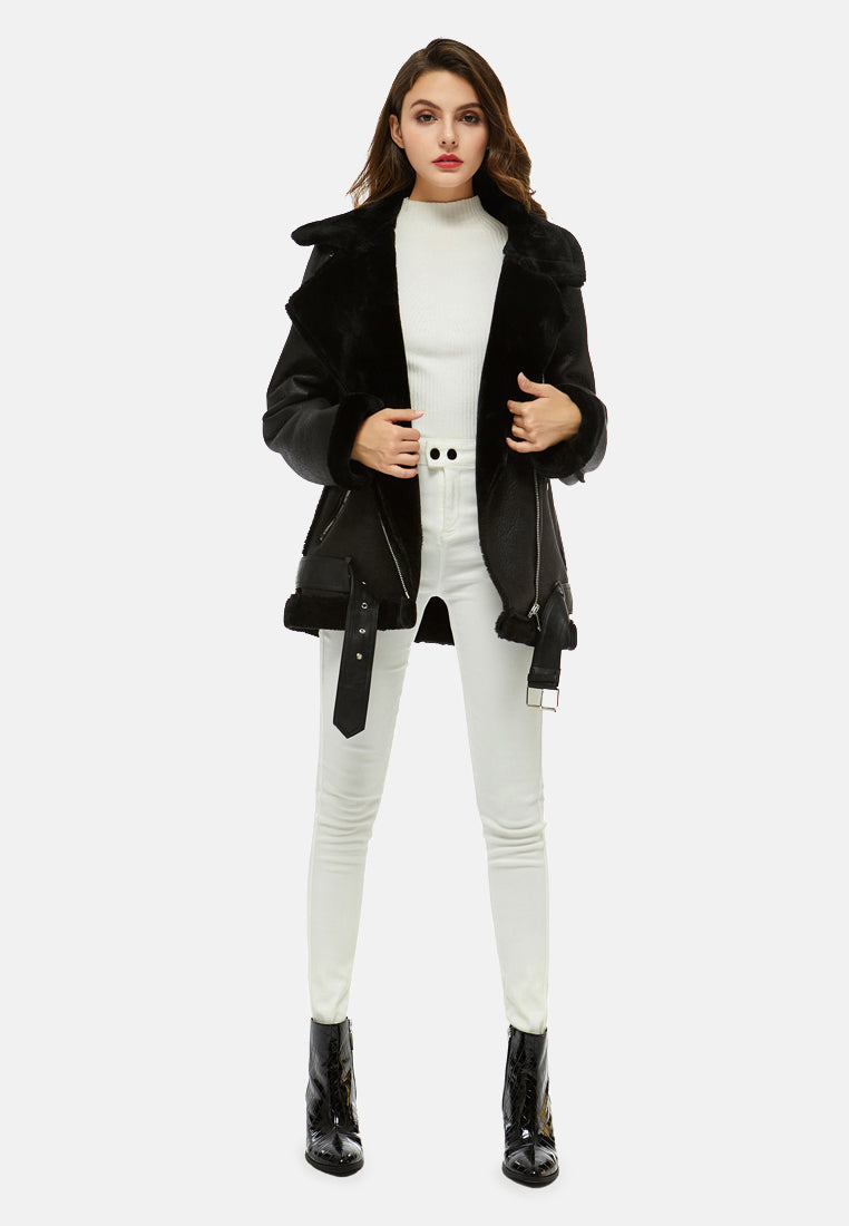 faux leather belted jacket with faux fur collar#color_black