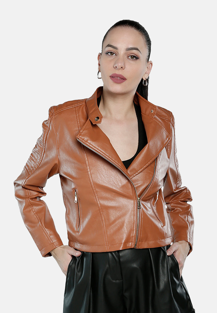 faux leather biker jacket#color_brown