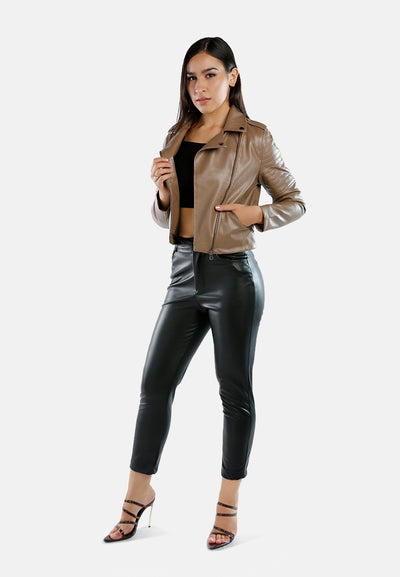 faux leather biker jacket#color_coffee